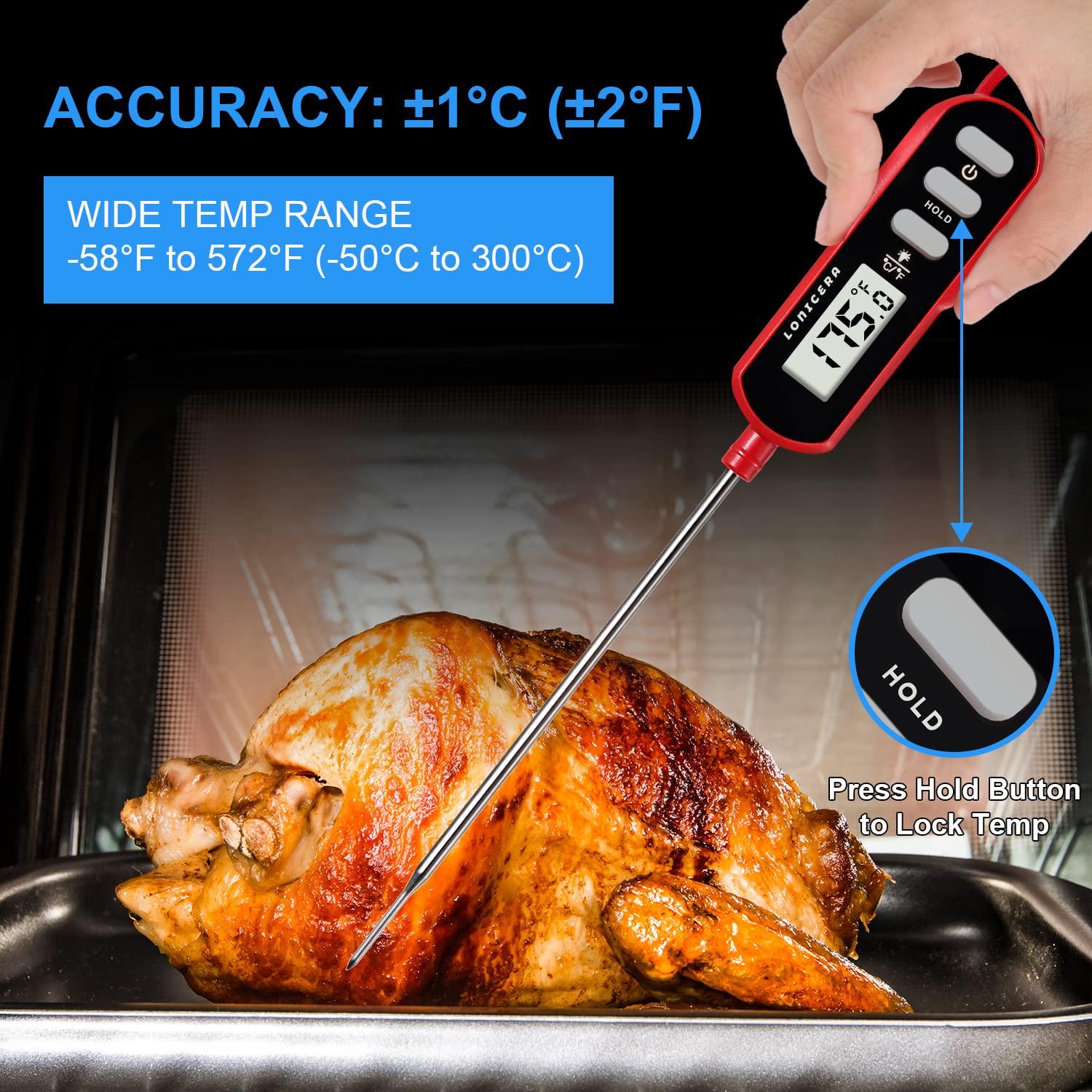 Lonicera Digital Cooking Thermometer For Bread, 5-Inch Probe, Red | 2–3 Second Instant Read, Ipx6 Waterproof, Backlit Display, ±2°F Accuracy, For Bread, Dough, Liquids, Water And Meat