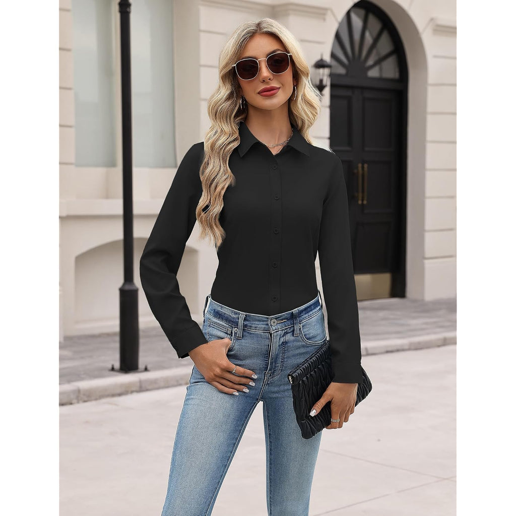 Hotouch Women Button Down Shirts Long Sleeve Stain Shield Dress Shirts Slim Fit Work Blouses Office Business Tops
