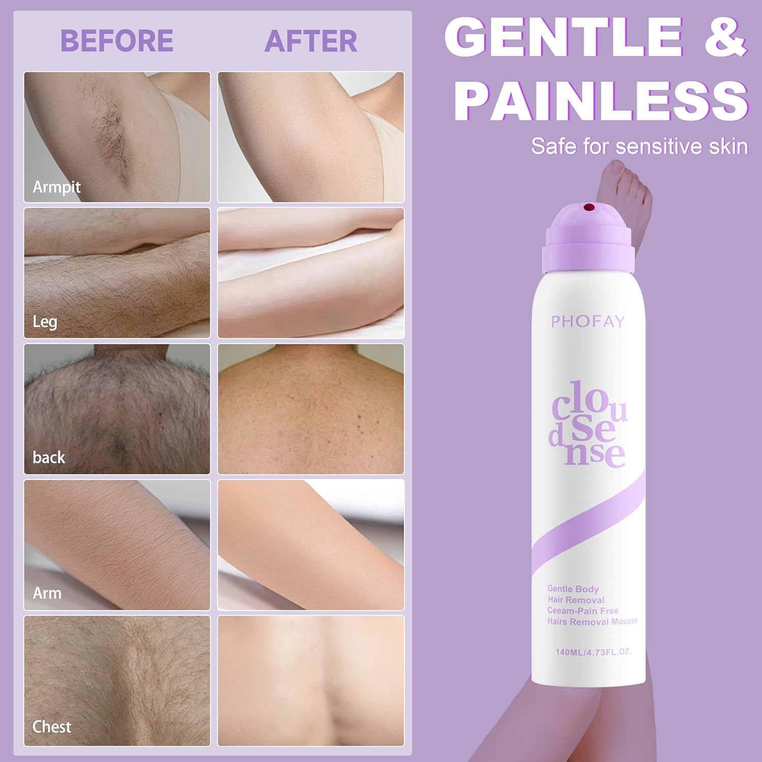PHOFAY Smooth Hair Removal Cream for Women and Men Sensitive Skin – Fast-Acting with Aloe & Hyaluronic Acid Cloudsense Hair Removal Spray Dermatologist-Recommended (1, Spray Depilatory Cream)
