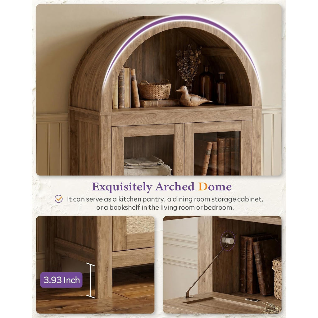 71" Tall Arched Pantry Cabinet With Innovative Drawer, Kitchen Cabinet With Anti-Tipping Device And Glass Door, Versatile Cupboard For Kitchen, Dining, Natrual