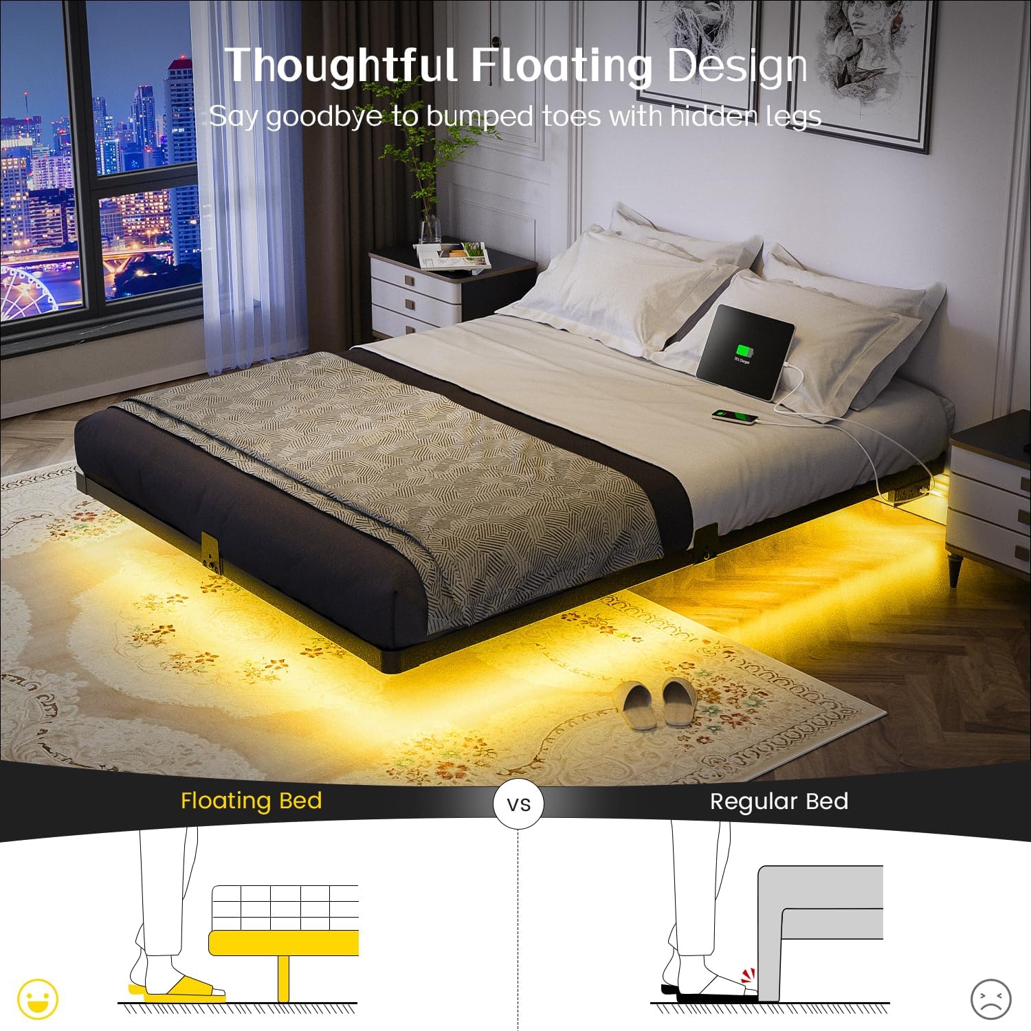 Olevs Floating Bed Frame Full Size With Smart Led Lights And Charging Station - Modern Metal Platform Bed, Easy Assembly No Box Spring Needed