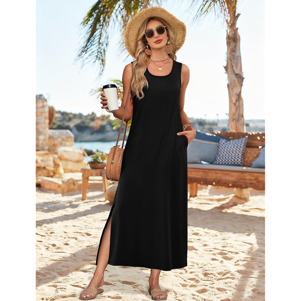 Wiholl Maxi Dress Summer Dresses 2026 Beach Vacation Clothes Sleeveless Sundresses With Pockets Boho S-3Xl