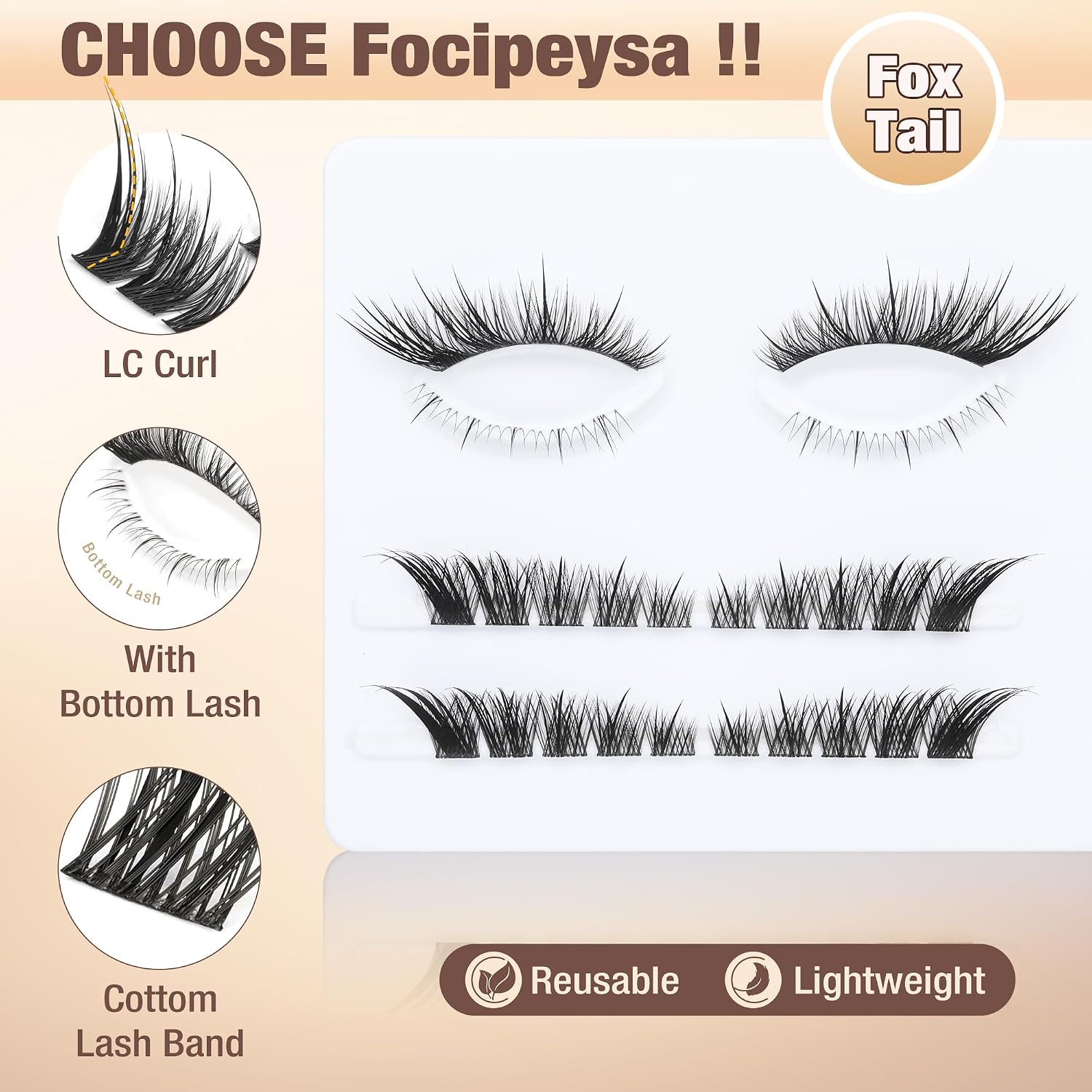 Focipeysa Fox Eye Lash Clusters Kit Fox Tail Lashes Cluster Eyelash Extensions Kit With Lash Bond And Seal, Lash Remover Lash，Lash Tweezers Diy Lash Clusters Set