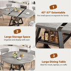 Expandable Kitchen Dining Table For 4-6, Oval Round Dining Table With Storage Shelf And Removable Extension Leaf, Space Saving Pedestal Table For Dining Room, Modern Industrial Style (Grey)