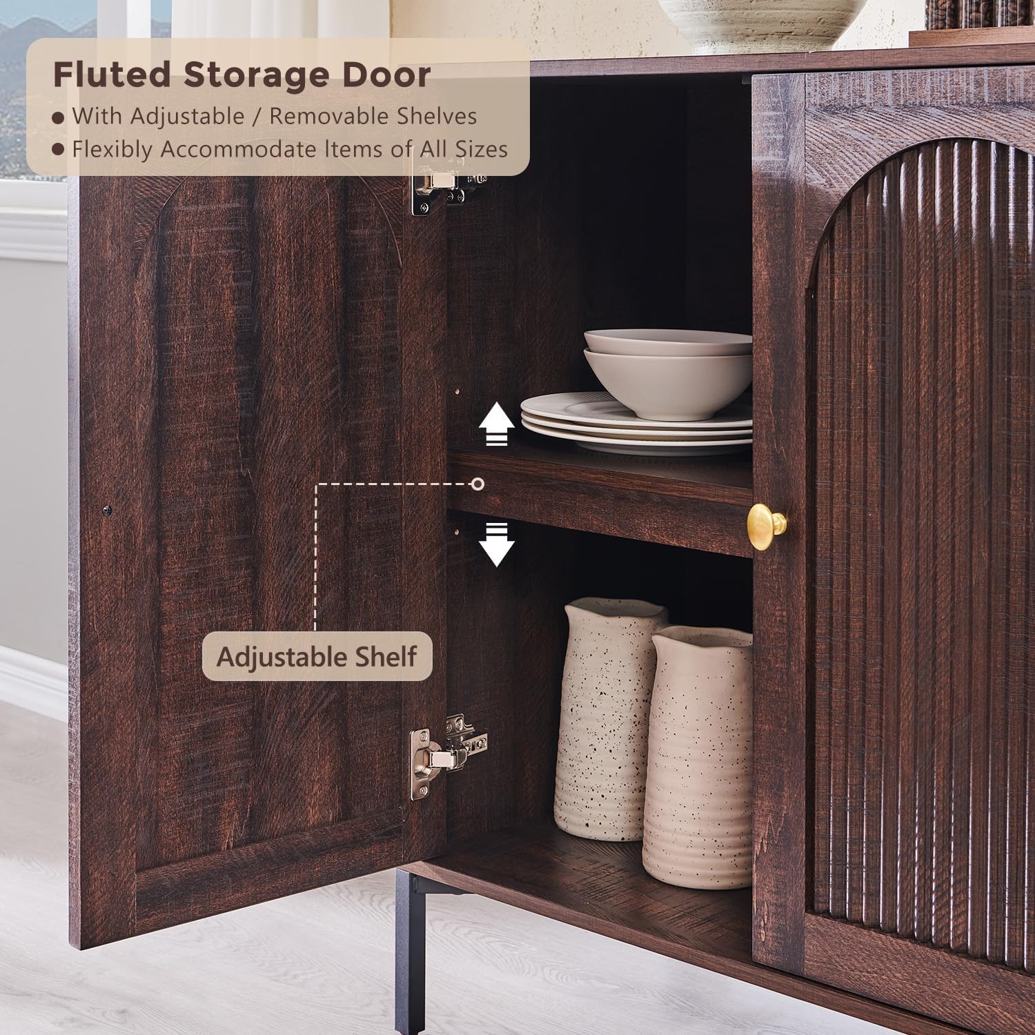 Ifget Modern Buffet Cabinet With Storage, 92.63" W Fluted Arched Sideboard Cabinet W/Adjustable Shelves, Wooden Modular Coffee Bar For Dining Room, Kitchen, Living Room, Entryway, Brown