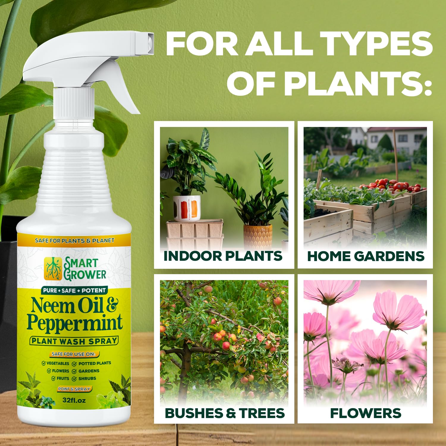Neem Oil Plant Spray With Peppermint Oil, Indoor & Outdoor Plants, 32 Oz | Ready-To-Use Spray, Natural Plant Wash, Smart Grower