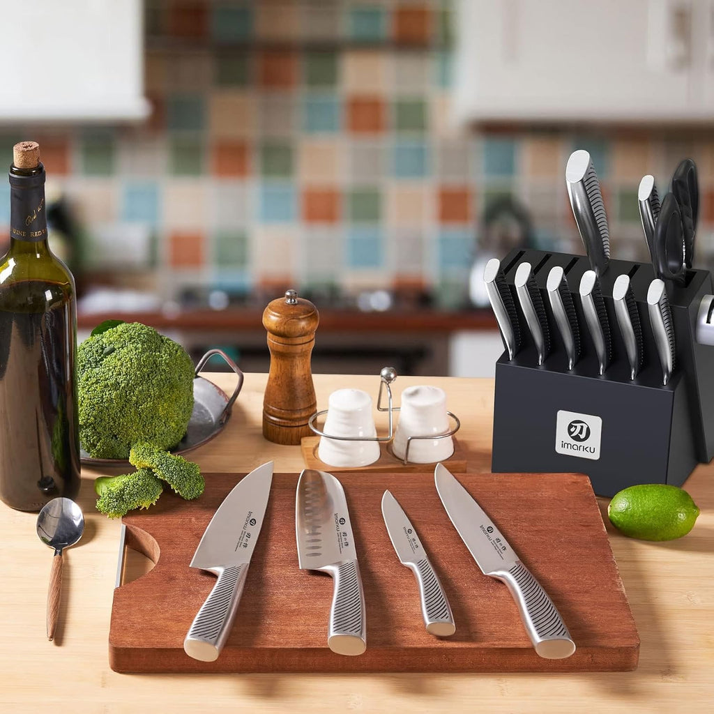 Imarku 14-Piece Knife Block Set, Knife Set With Block And Build-In Sharpener, Japanese Stainless Steel Knife Set For Lasting Sharpness, Dishwasher Safe, Black