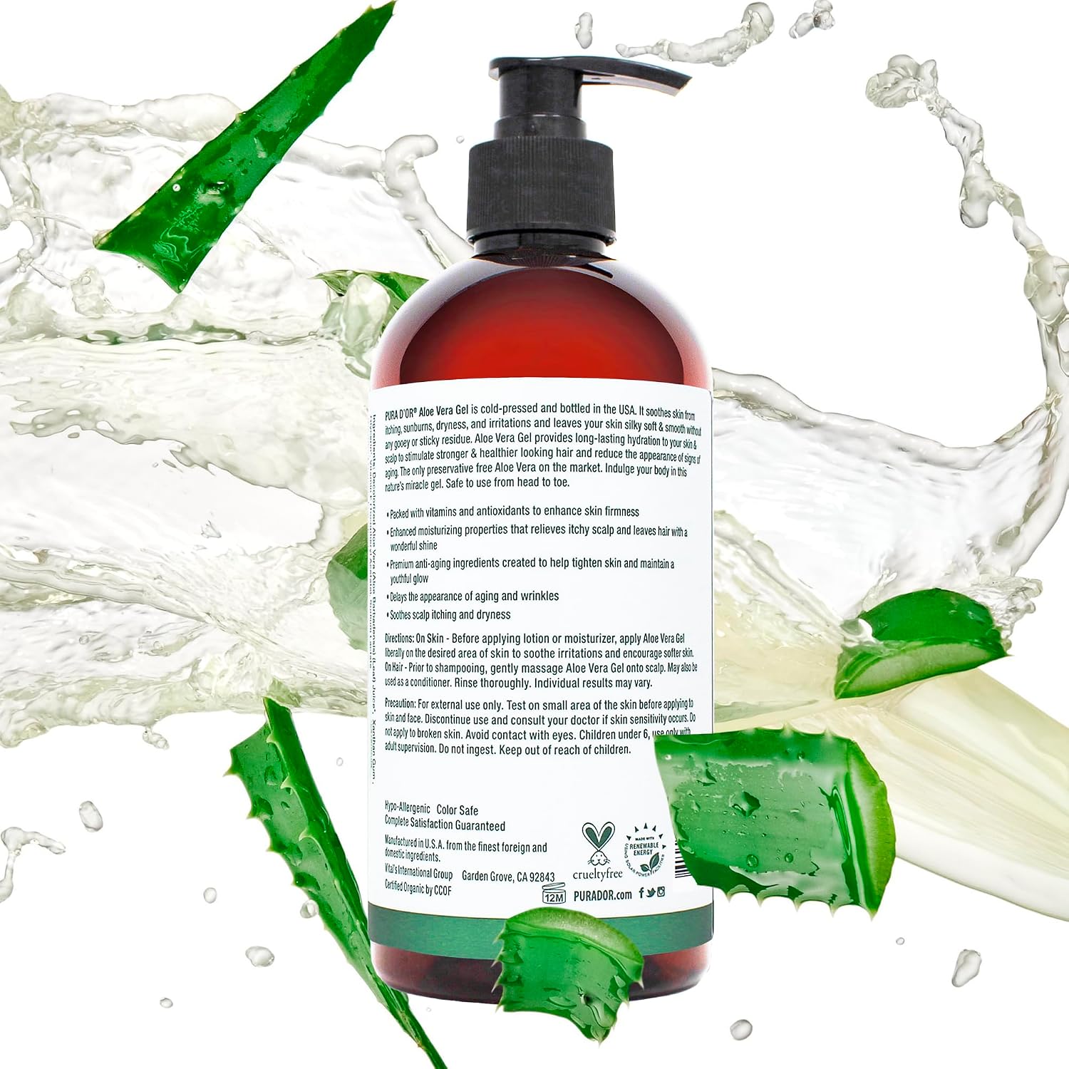 Pura D'Or 16 Oz Organic Aloe Vera Gel - Unscented - All Natural - Zero Artificial Preservatives - Deeply Hydrating & Moisturizing - Sunburn, Bug Bites, Rashes, Small Cuts, Eczema Relief - Skin & Hair