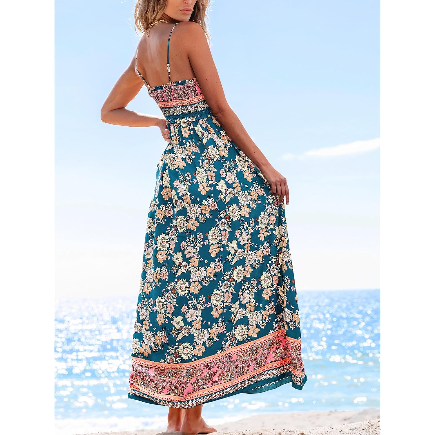 Cupshe Women Spaghetti Straps Boho Maxi Dress Summer Sleeveless Smocked Floral Beach Long Dress Flowy Cruise Vacation Outfits