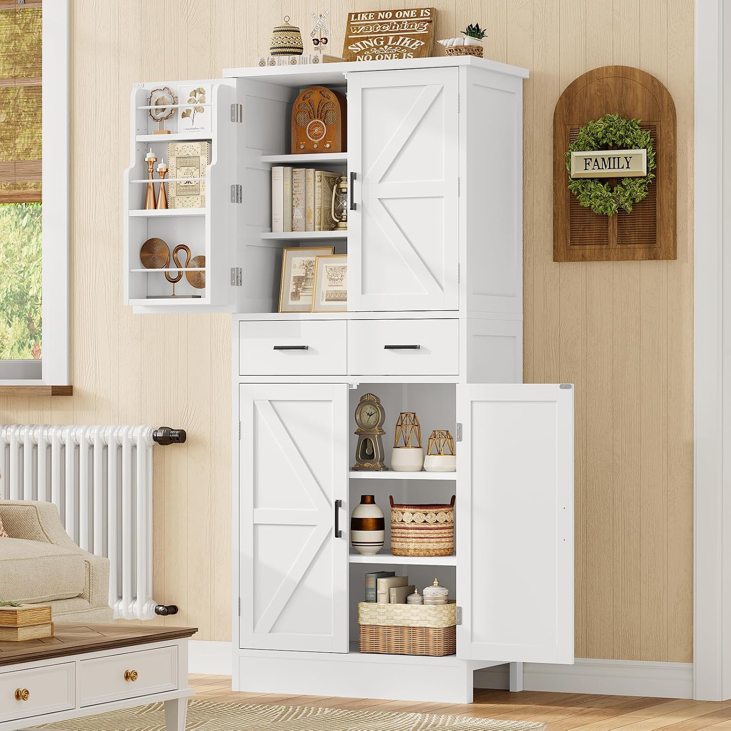 Farmhouse Pantry Cabinet, 66.9″H Tall Kitchen Storage Cabinet With Barn Doors, Adjustable Shelves & Drawer, Freestanding Cupboard For Kitchen, Dining Room, Living Room, Bathroom, White