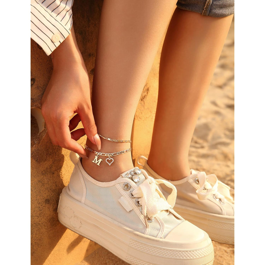 Initial Ankle Bracelets for Women Waterproof 14K Gold Plated Dainty Layered Figaro Chain Letter Initial CZ Heart Ankle Bracelets Set Summer Beach Jewelry for Women