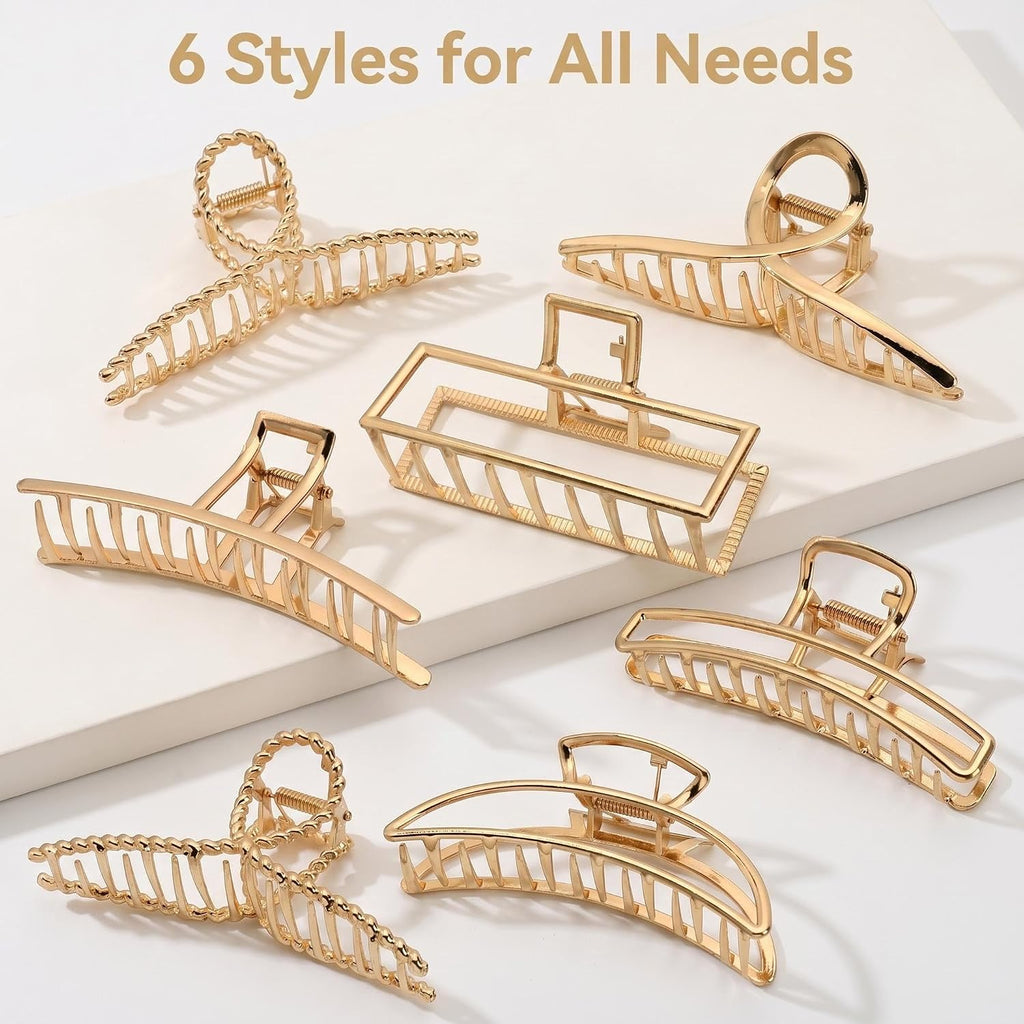 Lukacy 6 Pack Gold Metal Hair Clips - 4 Inch Large Jaw Clips For Women, Strong Hold Hair Claws For Thick Or Thin Hair, Fashion Hair Accessories For Styling