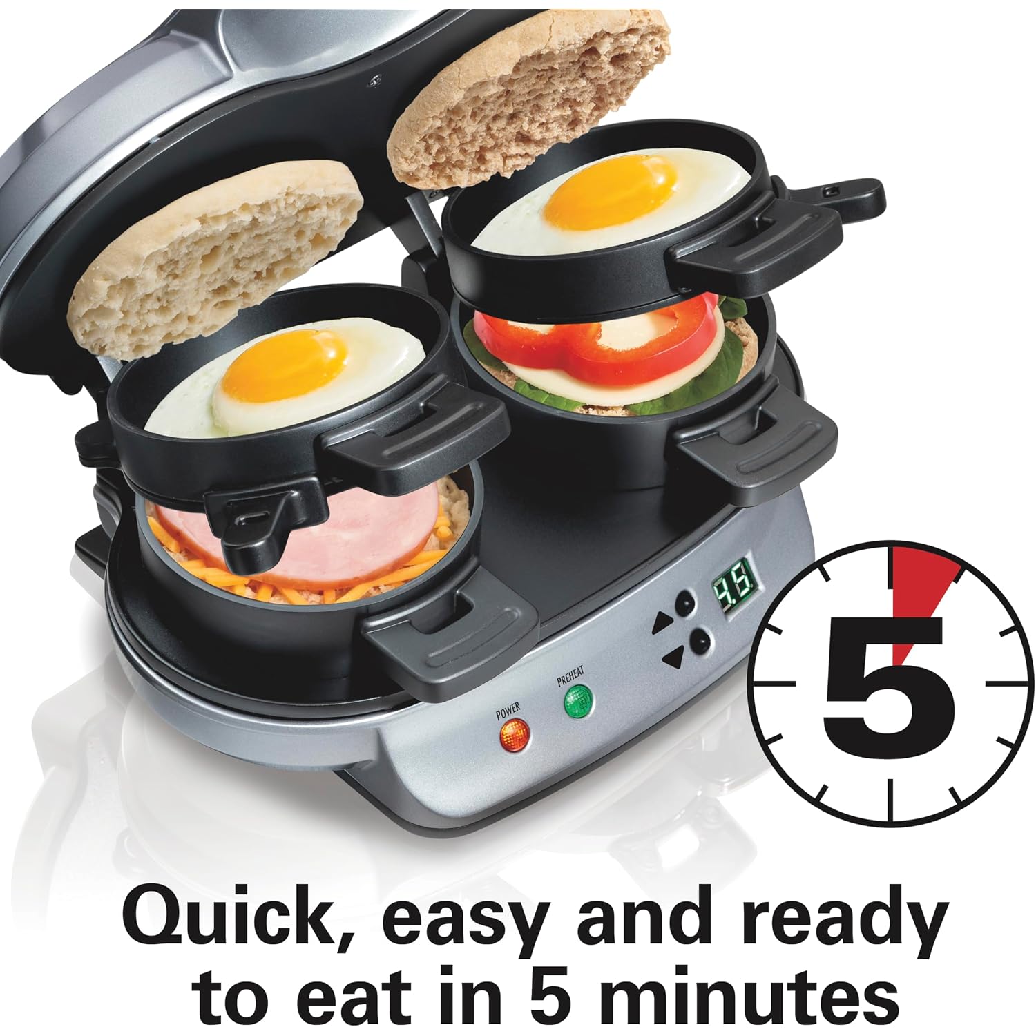 Hamilton Beach Dual Breakfast Sandwich Maker With Egg Cooker Rings & Timer | Perfect For English Muffins, Croissants, Mini Waffles | Customizable & Fast |Pfas-Free | Silver | 25490Mna