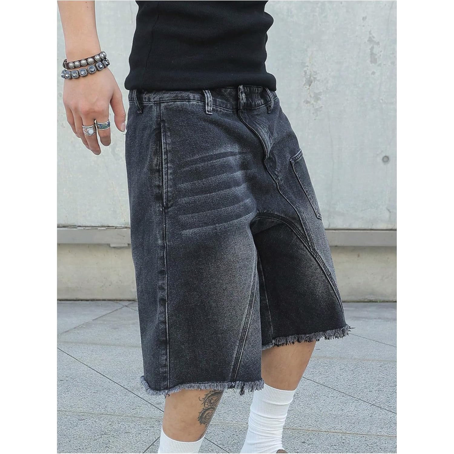 Shenhe Men'S Baggy Jean Shorts Y2K Jorts Wide Leg Frayed Raw Hem Vintage Bermuda Denim Shorts