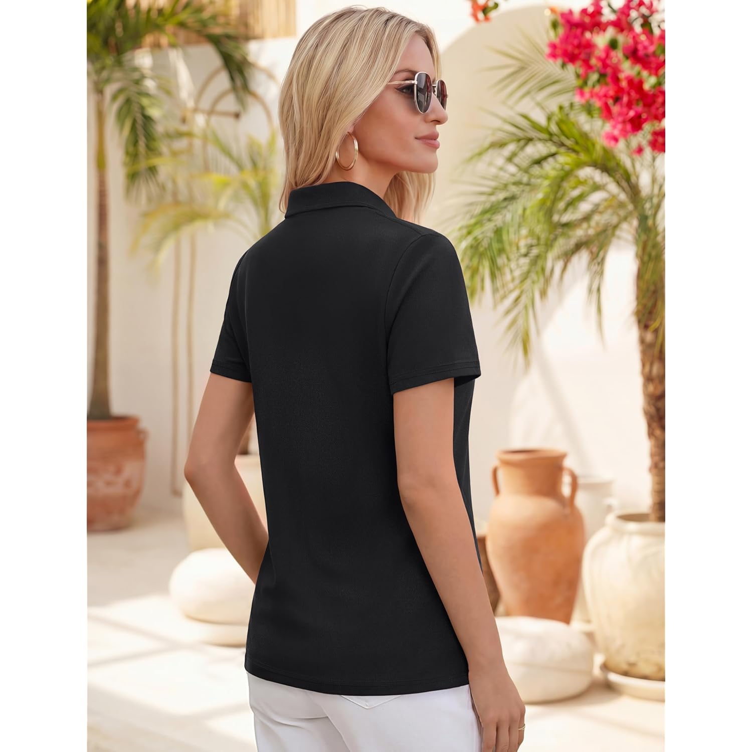 Women's Polo Shirts Short Sleeve V Neck Business Casual Tops Golf Collared 3 Buttons Summer Work Blouse