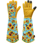 Dly Garden Gloves For Women,Gardening Gloves,Gardening Gift For Lady,Blue,M | Thornproof Cowhide Palm, Foam-Padded Grip, Long Sunflower Print Cuff, 3-Finger Touchscreen, Rose Pruning, Weeding & Yard Work