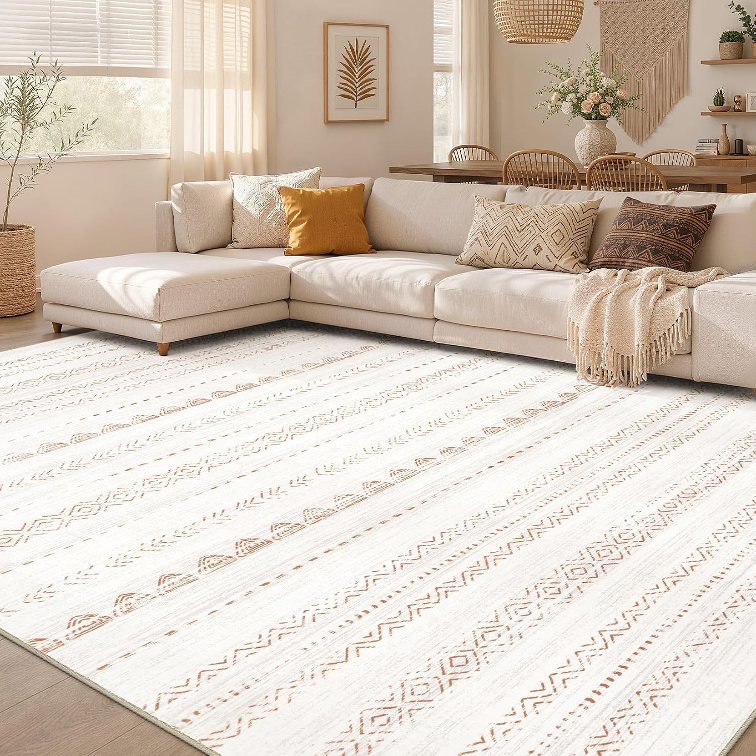 Area Rug Living Room Rugs: 5X7 Large Soft Machine Washable Boho Moroccan Farmneutral Stain Resistant Indoor Floor Carpet For Bedroom Under Dining Table Home Office Decor-Cream Brown