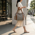 Checkered Crossbody Bag, Brown Checkered Purse, Large Capacity Shoulder Bag, Handbag With Wallet And Cherry Charm