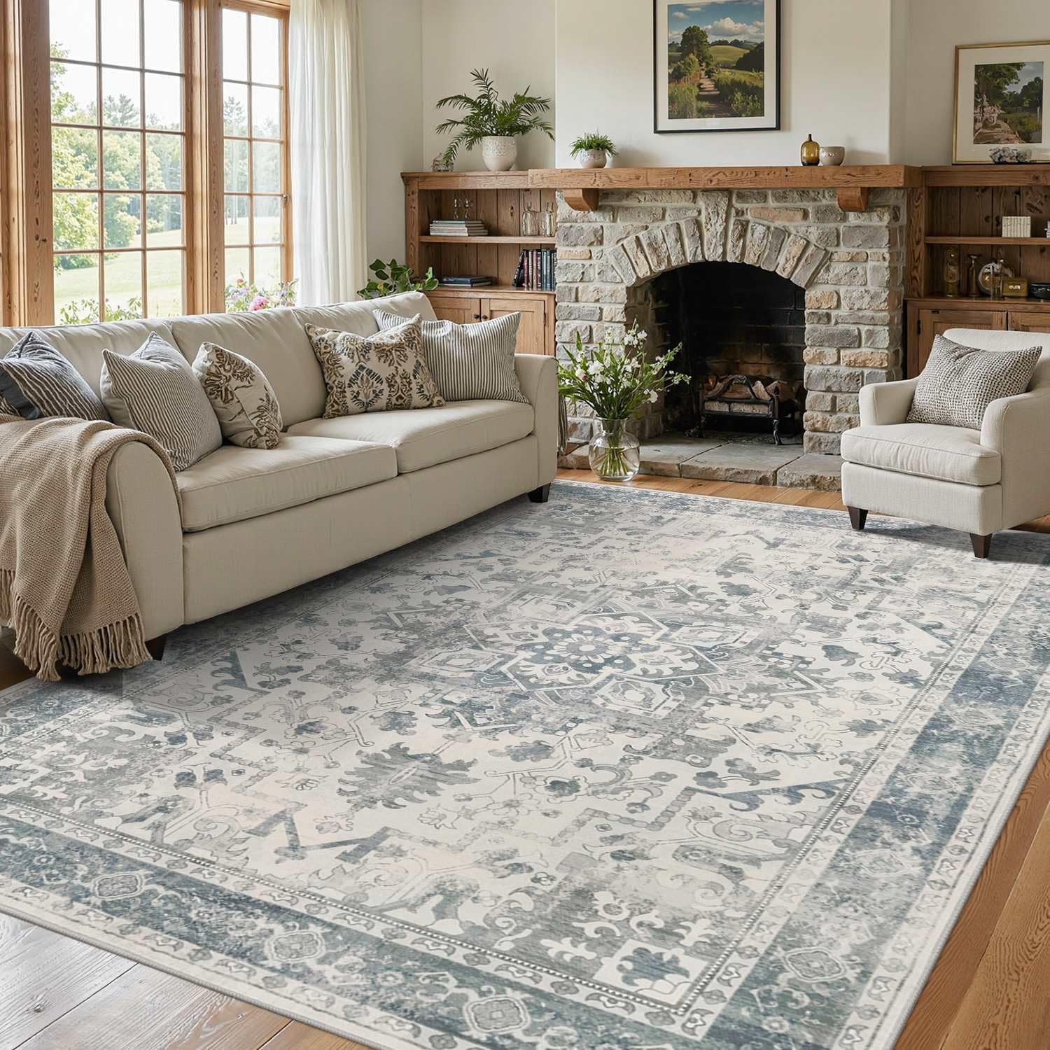 Area Rugs 5X7, Washable Rugs For Living Room, Vintage Boho Light Blue Rug For Office, Dining Room, Home Decorkids Room And Farmhouse,Home Decor Durable Low Pile Non-Slip For High Traffic Areas