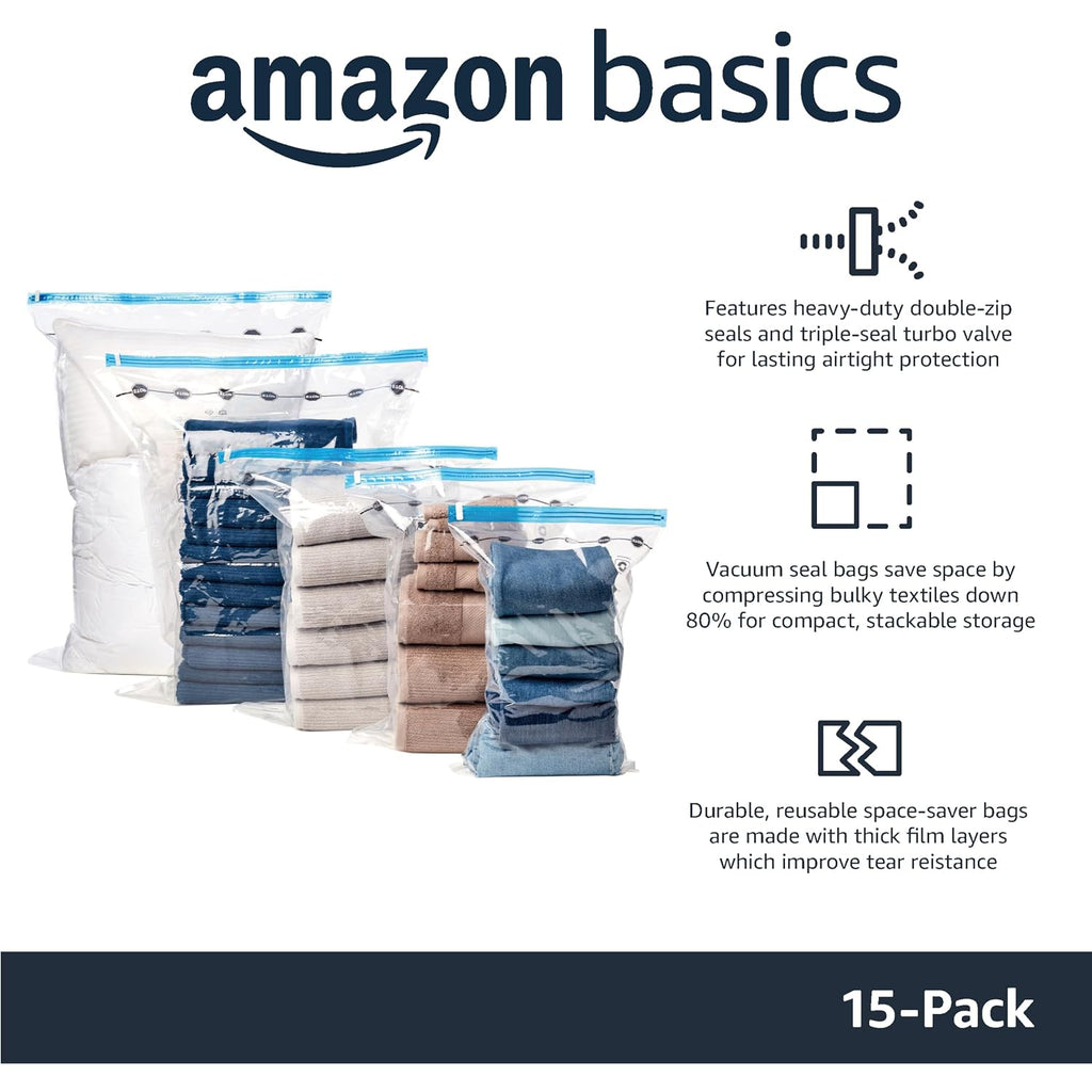 Amazon Basics Vacuum Storage Bags For Clothes, Compression Space Saving Storage Bags With Hand Pump, Reusable, Heavy-Duty Seal Protection, Multiple Sizes, White, 15-Pack