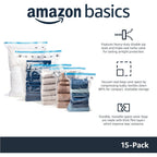 Amazon Basics Vacuum Storage Bags For Clothes, Compression Space Saving Storage Bags With Hand Pump, Reusable, Heavy-Duty Seal Protection, Multiple Sizes, White, 15-Pack