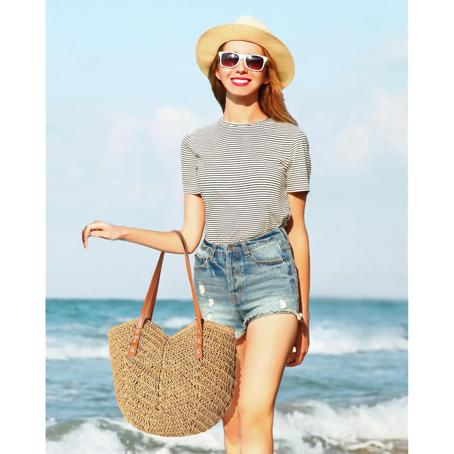 Beach Bags For Women - Straw Bag With Zipper, Soft Woven Beach Bag, Casual Straw Shoulder Bag For Daily Use
