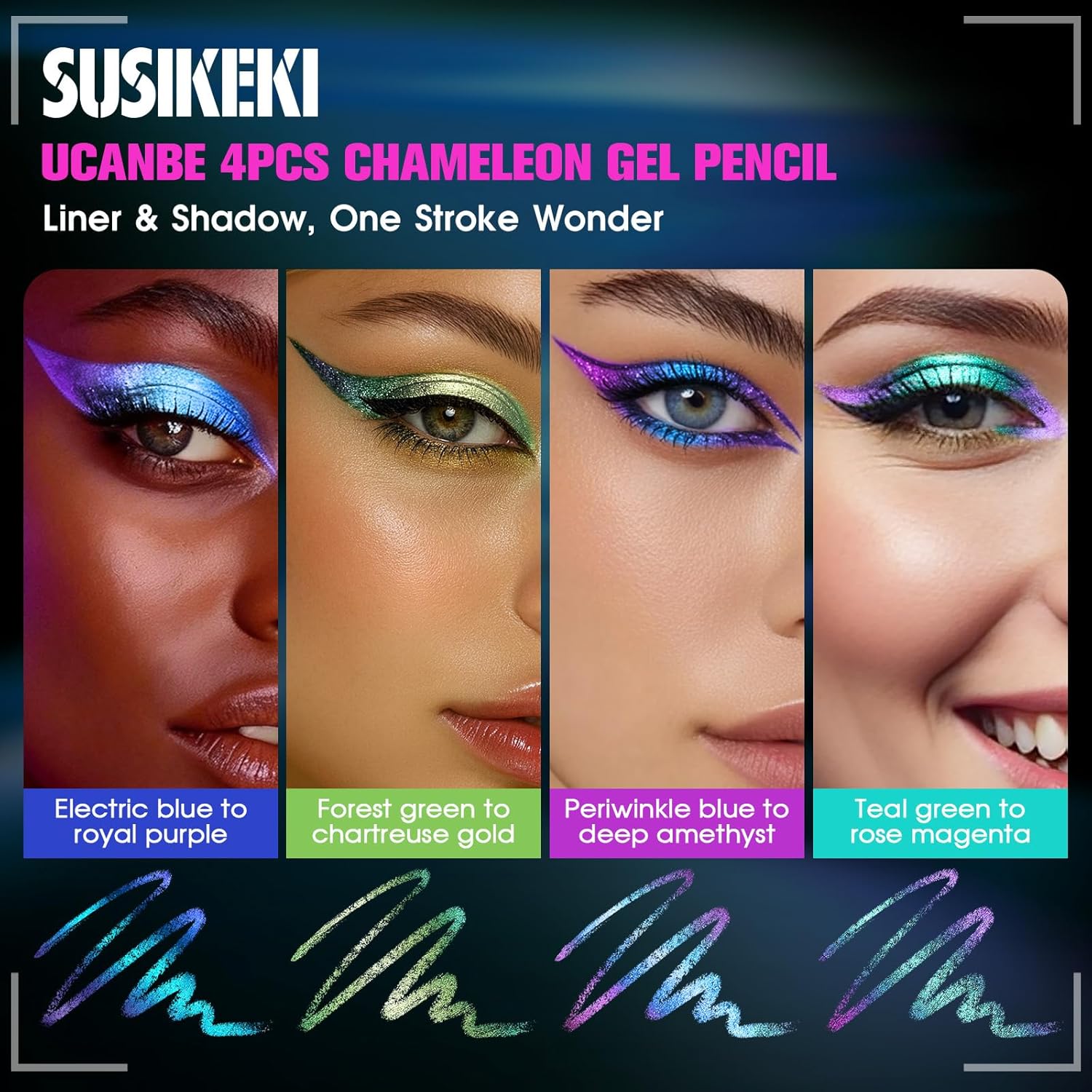 SUSIKEKI 4PCS Chameleon Metallic Eyeshadow & Eyeliner Gel Pencil Set – Multichrome Shifting Colors Glitter Eye Makeup, Waterproof Long-Lasting Smudge-Proof Duochrome Pencil for Multi-Dimensional Looks