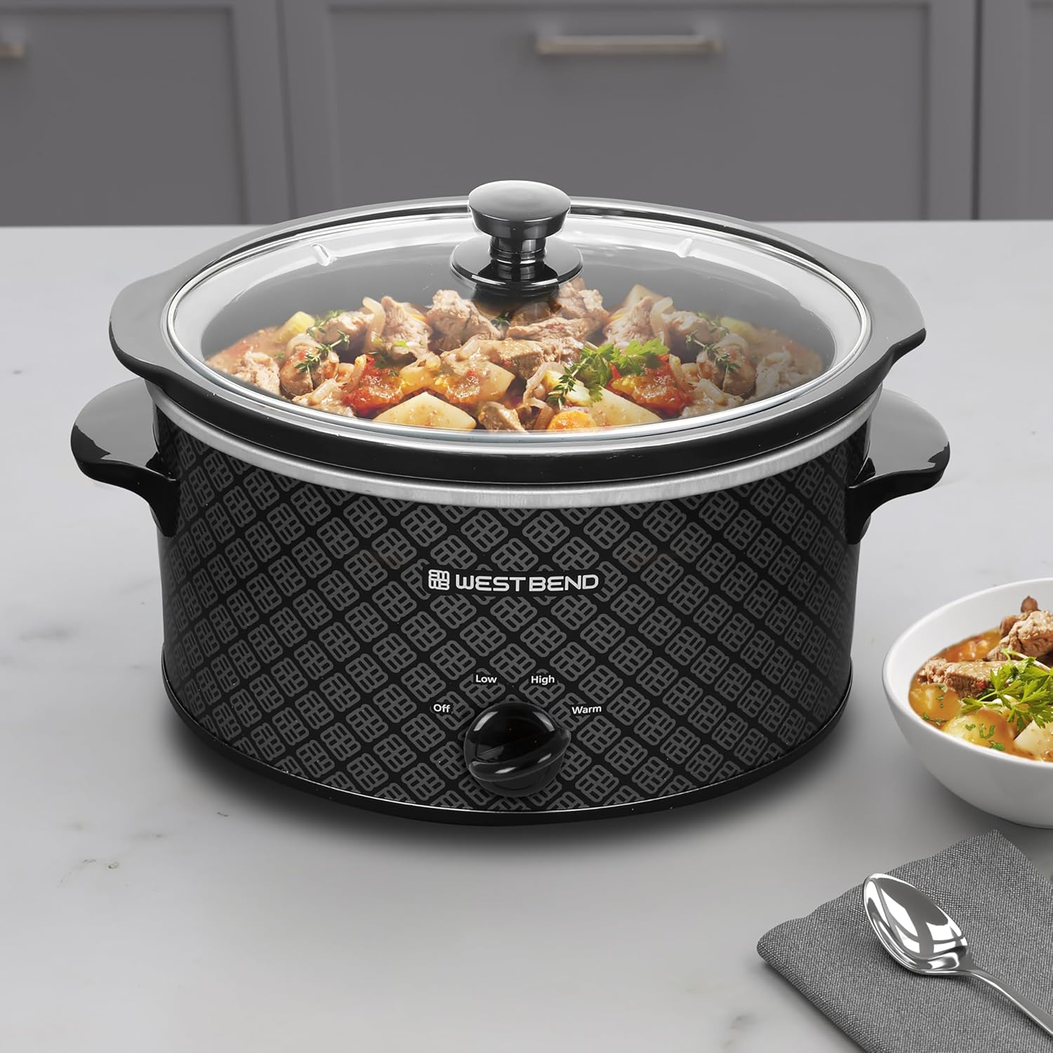 West Bend Slow Cooker 4-Quart Manual Crockery Style With Dishwasher Safe Oval Ceramic Crockpot And Glass Lid Two Temperature Settings Plus Keep Warm, 210-Watts, Black