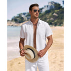J.Ver Mens Linen Shirt Short Sleeve Button Down Casual Summer Shirts | Cotton Linen, Untucked, Big Tall, From Beach Camp Vacation, Cruise Fishing, Work Office, To Wedding Party Family, With Pocket