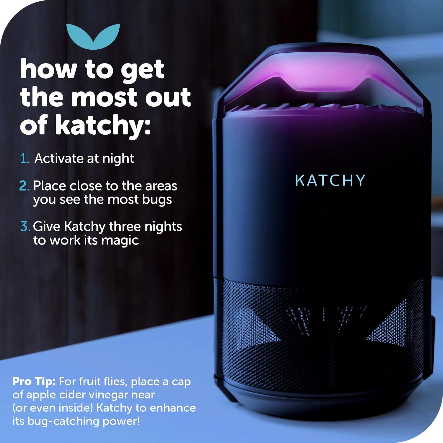 The Original Katchy Indoor Insect Trap - Fan Powered With Uv Light - Fruit Fly Traps For Indoors - For Fruit Flies, Gnats, Mosquitoes, Moths (Black)
