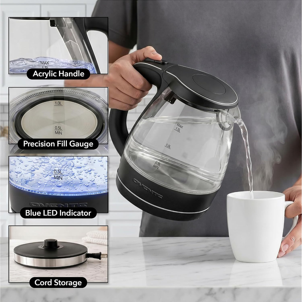 Ovente Electric Kettle, 1.5L Borosilicate Glass Countertop Water Heater And Boiler For Coffee Or Tea, Bpa-Free, Auto Shut-Off, Boil-Dry Protection, Removable And Washable Spout Filter, Black Kg83B