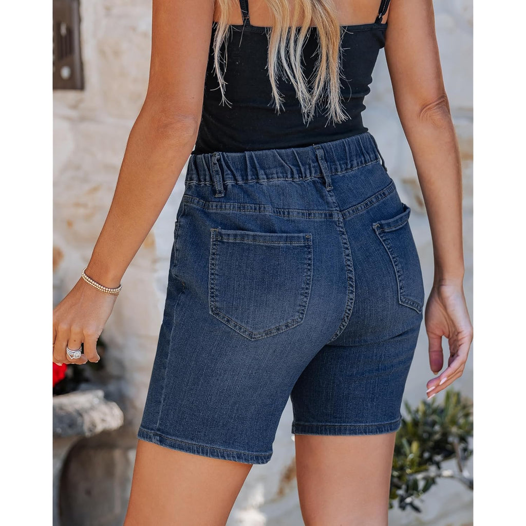 Jean Shorts for Women Mid Rise Pull On Elastic Waist Trendy Summer Jorts 7 Inch Inseam Stretchy Long Denim Shorts