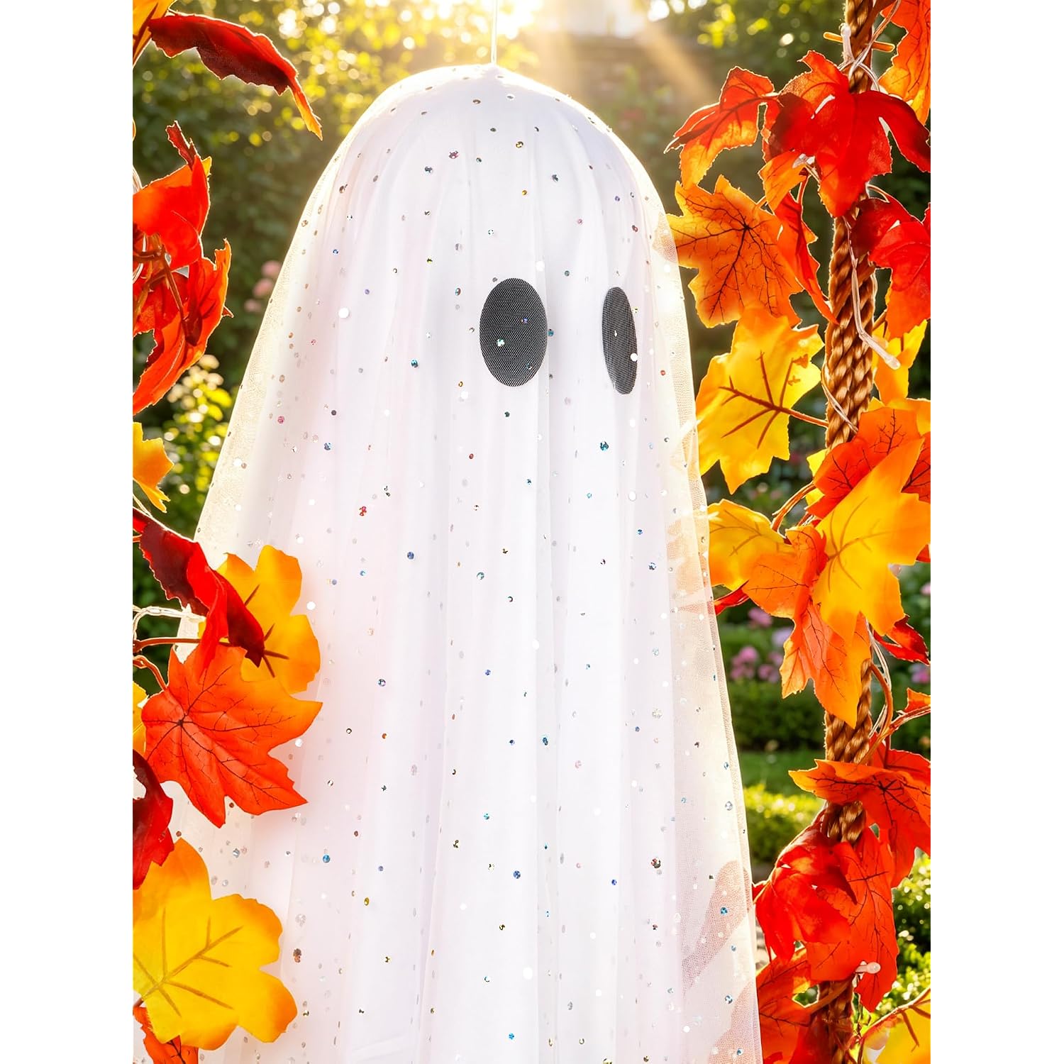 Halloween Decorations Outdoor Indoor-5.3Ft Hanging Ghost Decor With A Maple Leaf 6.6Ft Swing,Ghost Light,Halloween Decor For Tree,Yard,Porch,Garden