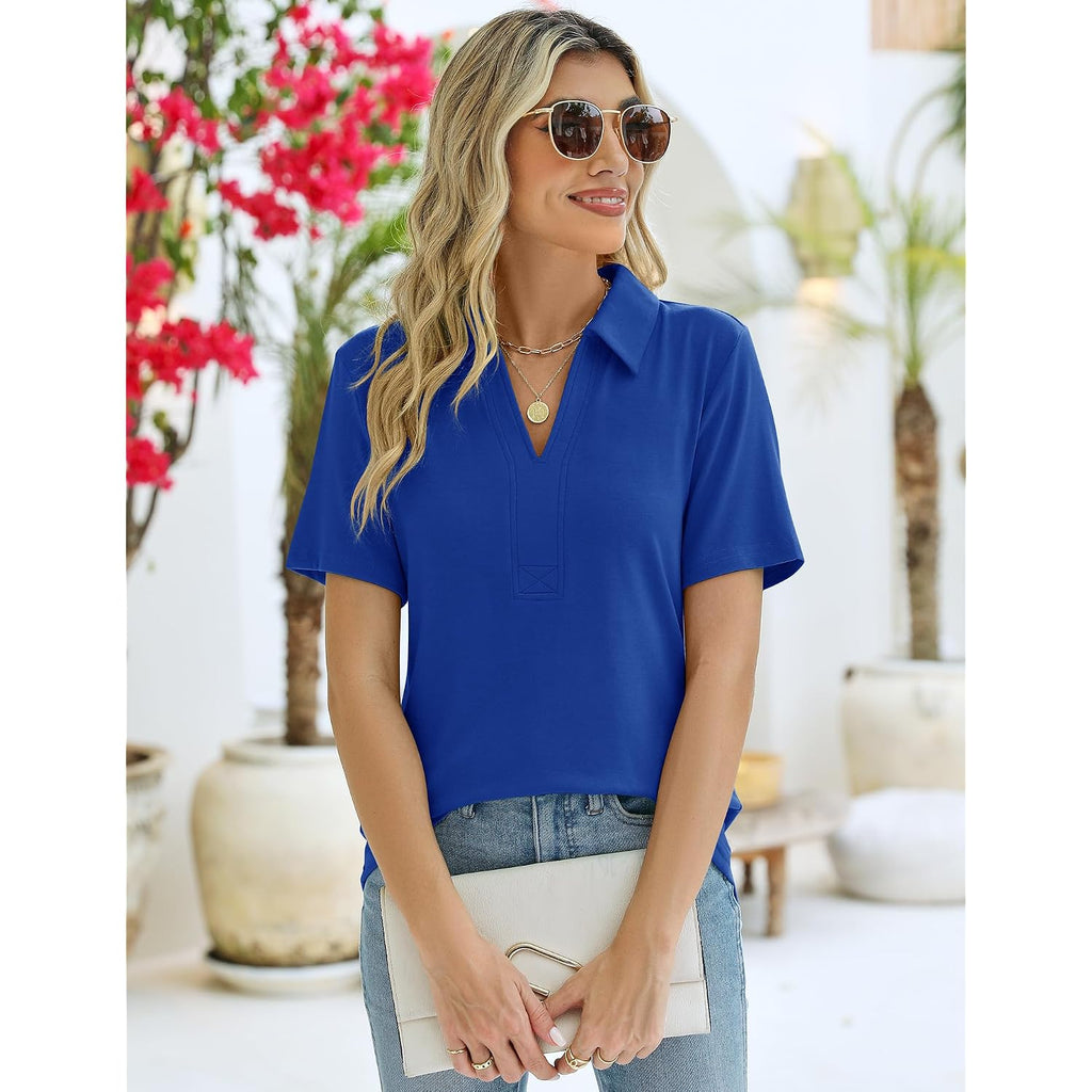 Zhenwei Women'S Short Sleeve V-Neck Polo Shirts Business Casual Work Collared Tops Dressy Johnny Collar Cute Blouses