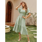 Glamaker Women'S Short Sleeve Smocked Square Neck A Line Summer Flowy Maxi Long Dress