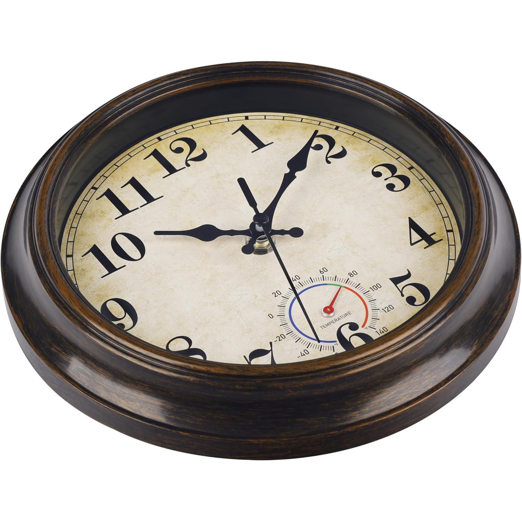 Outdoor Clocks Waterproof With Thermometer Combo Vintage Rustic Wall Clock For Patio Pool Bathroom Kitchen(8 Inch,Bronze)