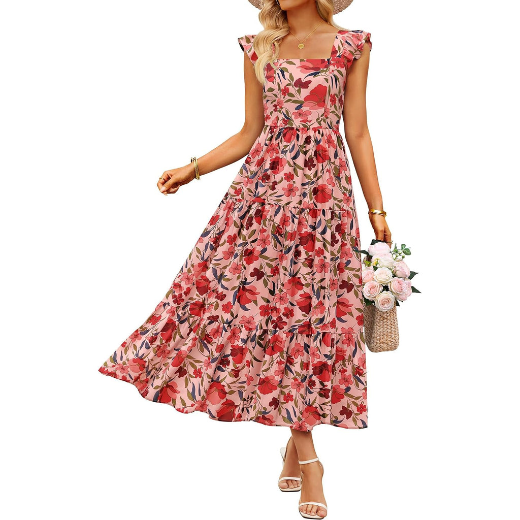 Zesica Women'S Summer Boho Floral Midi Dress 2026 Casual Ruffle Cap Sleeve Beach Wedding Guest Flowy Tiered Long Dresses