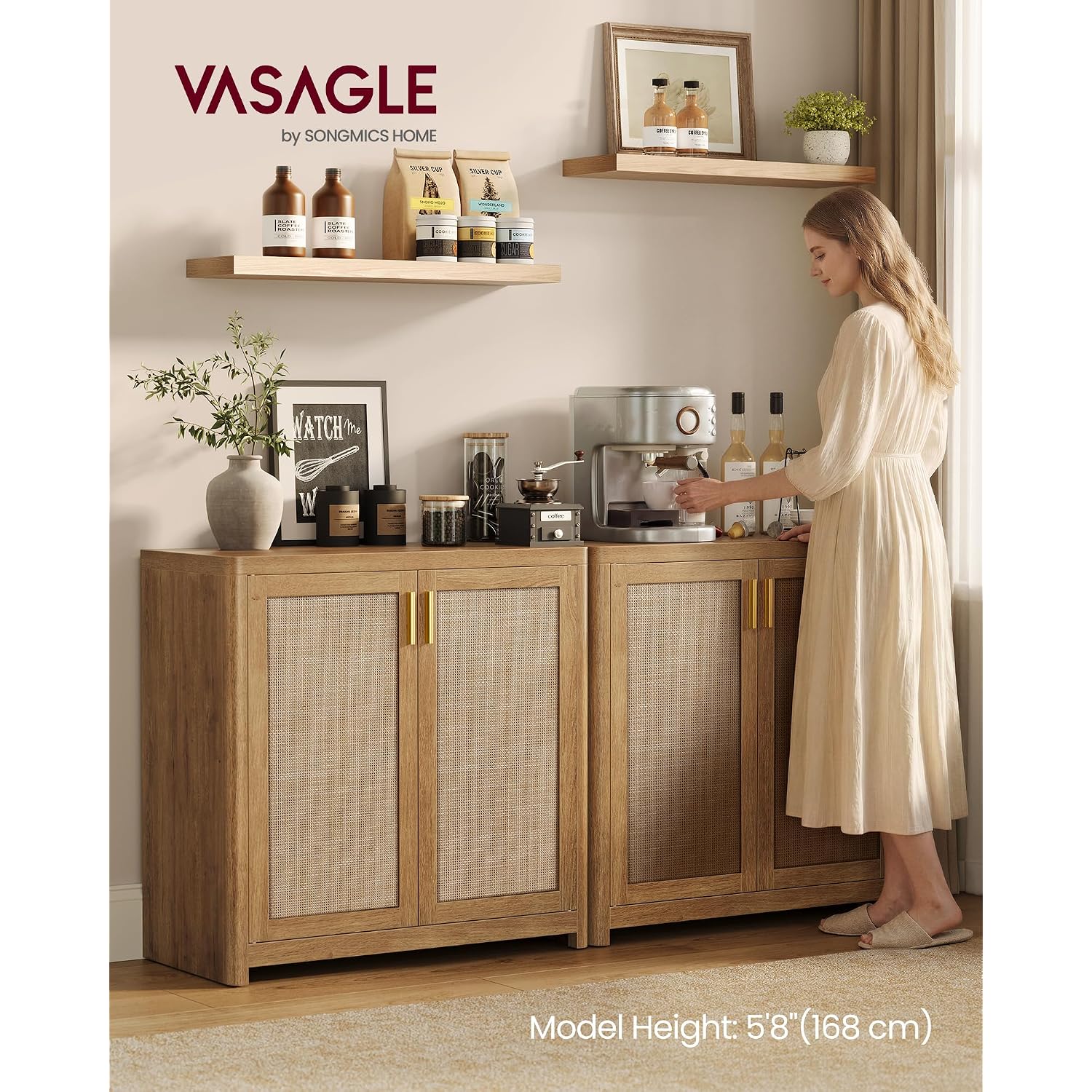 Vasagle Ellan Collection - Boho Buffet Cabinet With Rattan-Look Doors, Sideboard Storage Cabinet, Rounded Corners, Adjustable Shelf, For Kitchen, Natural Brown Ubbk345Kc01