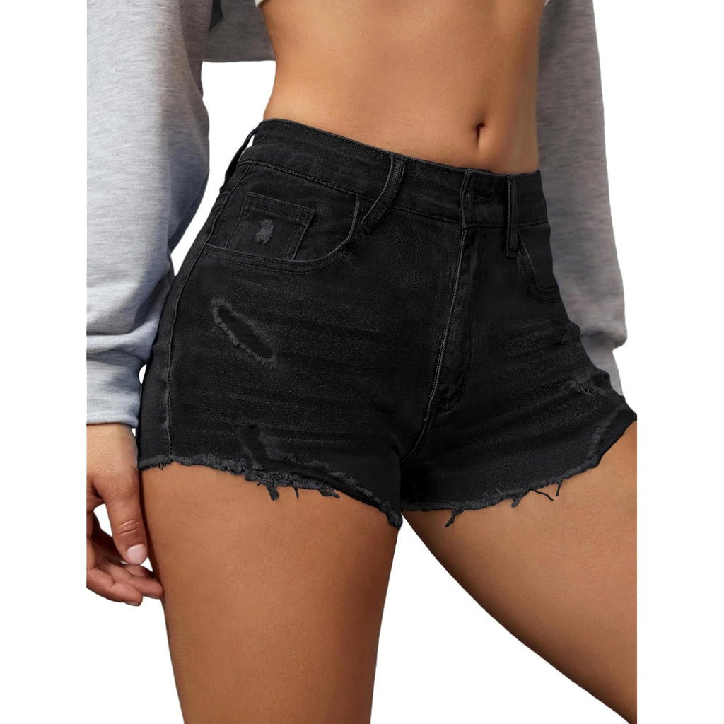 Women's Jean Shorts Stretchy Mid Waisted Ripped Distressed Denim Shorts Raw Hem Skinny Jean Jorts