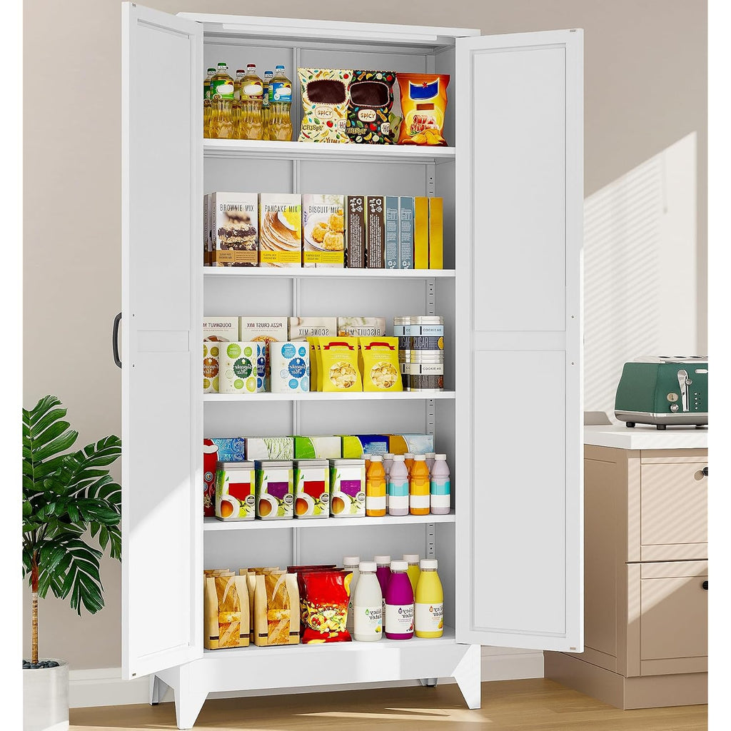 75" Tall Pantry Cabinet,Farmhouse Kitchen Pantry Storage Cabinets With 2 Doors And 5 Shelves,White Metal Storage Cabinet,Large Cupboard For Home,Kitchen,Dining/Living Room