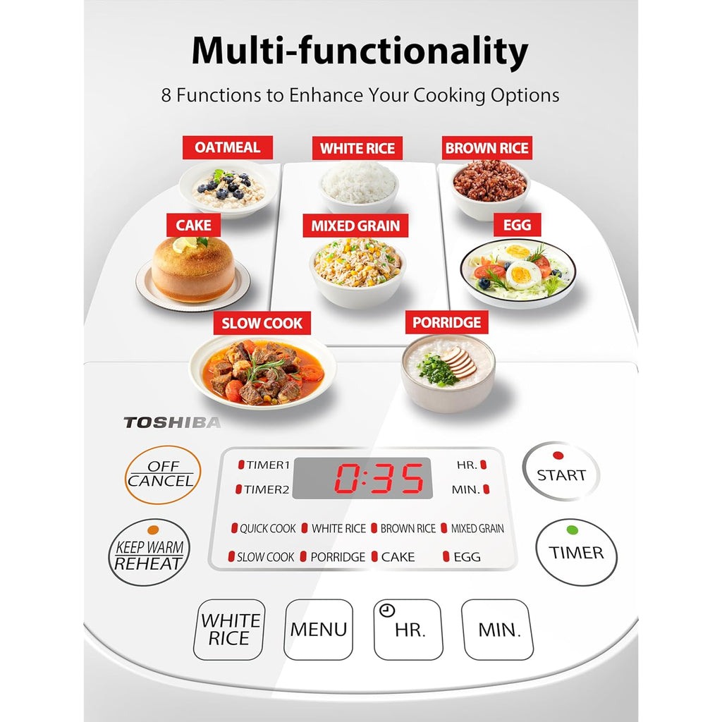 Toshiba Mini Rice Cooker, 3 Cups Uncooked Small Rice Cooker, Steamer & Warmer, With Fuzzy Logic And One-Touch Cooking, 24 Hour Delay Timer And Auto Keep Warm Feature, White