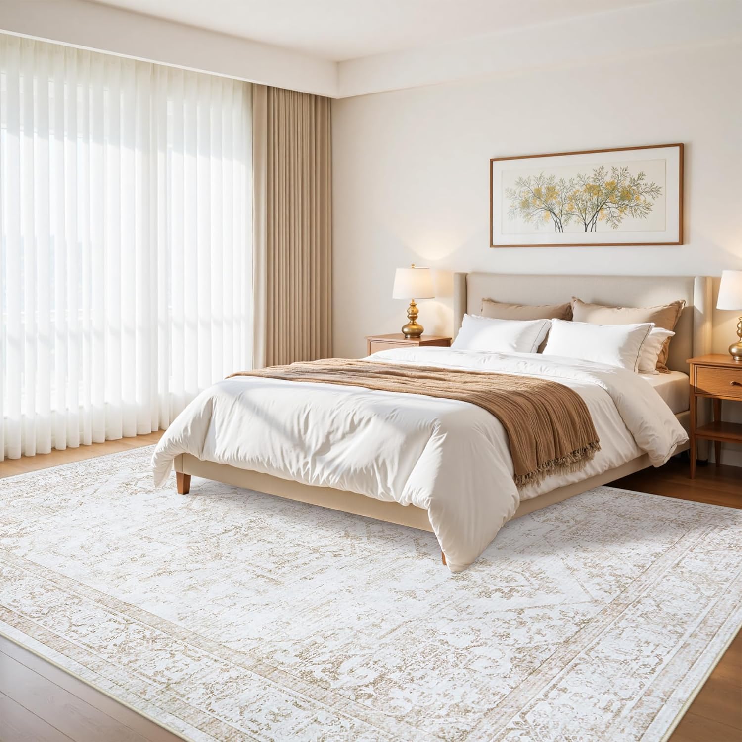 8x10 Area Rugs for Living Room:Beige Washable Vintage Medallion Rug Non-Slip Soft Low Pile Large Rugs Indoor Retro Carpet for Bedroom Kitchen Nursery Dining Table Office (Beige, 8'x10')