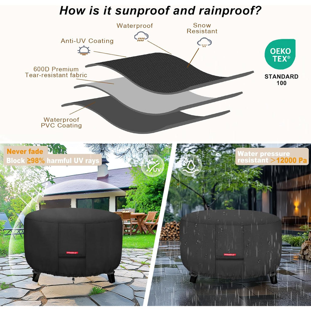 Porch Shield Fire Pit Cover - Waterproof 600D Heavy Duty Fade Resistant Round Patio Fire Bowl Cover Black - 36 Inch
