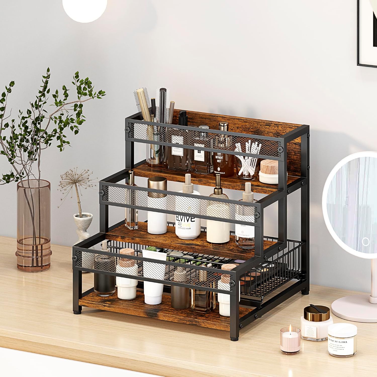 Loteyike 3 Tier Coffee Syrup Rack Organizer, 12 Water Bottles Holder Stand Liquor Cabinet Storage, Wine Rack Countertop Storage Rack Coffee Bar Cabinet For Kitchen