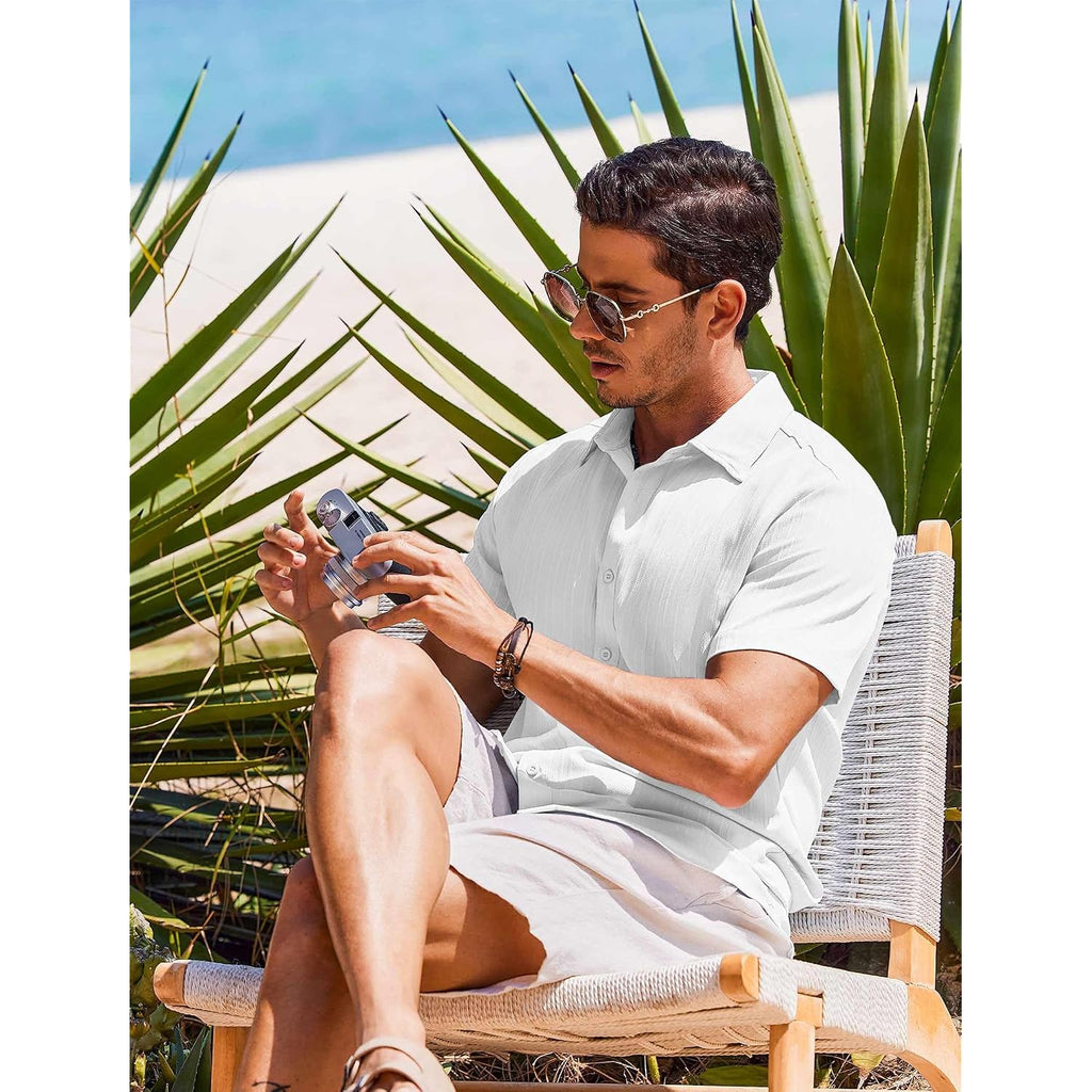 Coofandy Men'S Casual Button Down Shirts Short Sleeve Textured Summer Beach Shirts