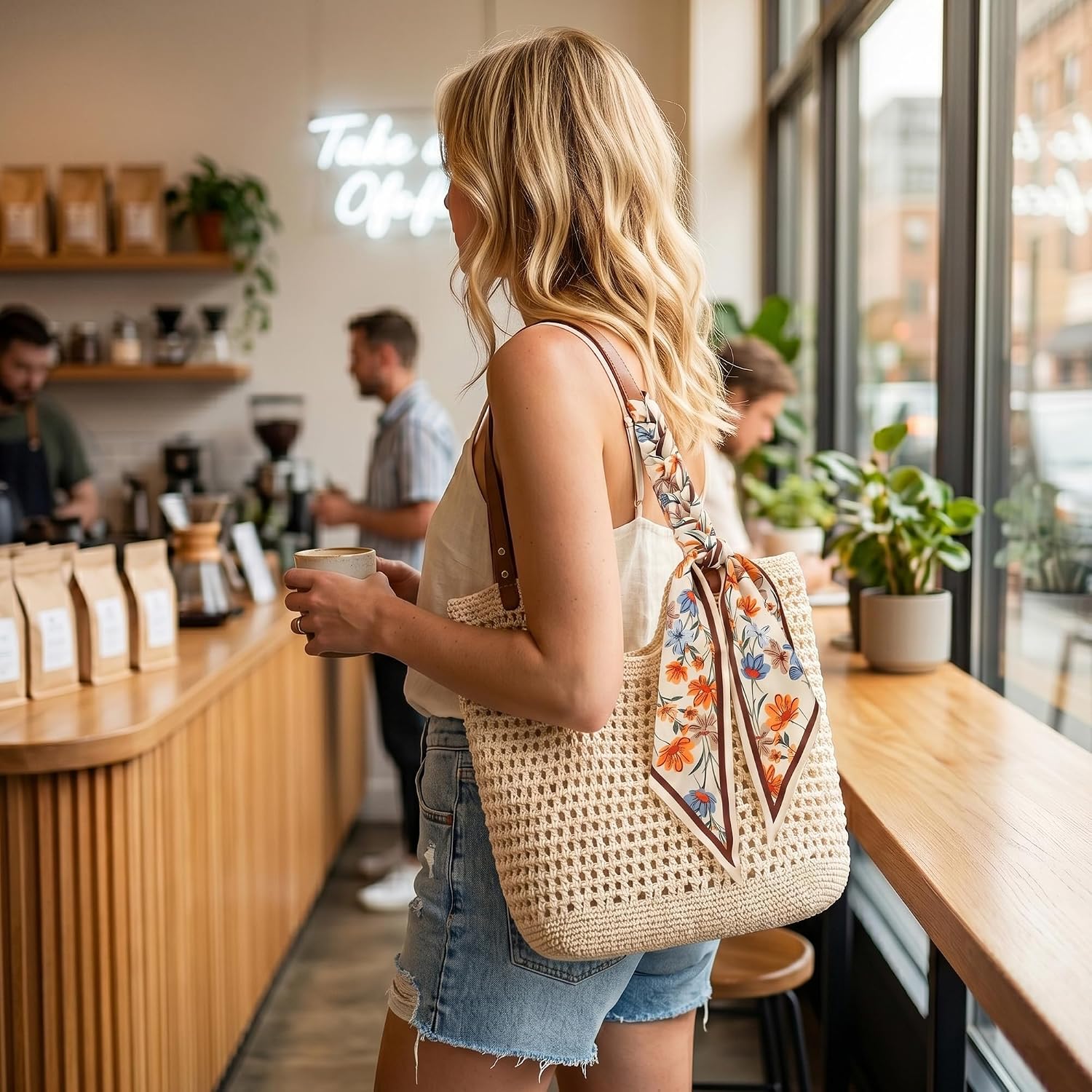 Crochet Beach Tote Bag For Women With Zipper Closure & Lining, Summer Woven Shoulder Bag, Straw Style Boho Vacation Purse