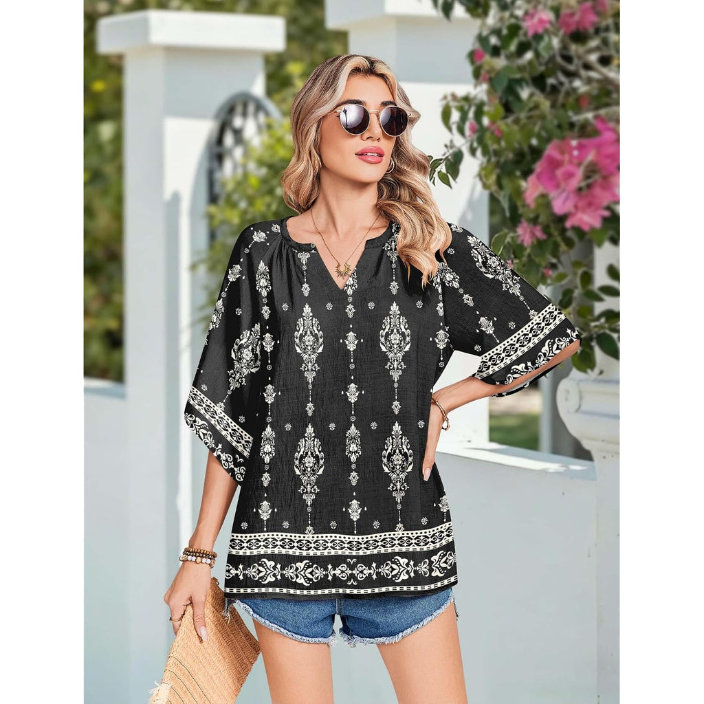Zeagoo Womens Tops 3/4 Sleeve V Neck Bohemian Blouses Casual Loose Fit Tunic Boho Shirts Floral Printed Clothes