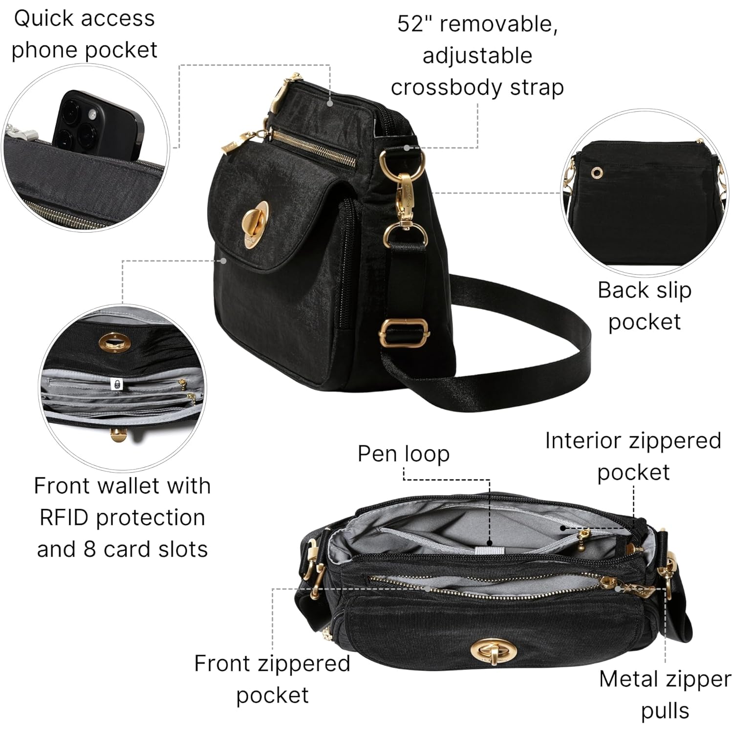 Baggallini Calais Crossbody Bags for Women 10x7 Lightweight Water-Resistant Travel Purse, RFID & Interior Organization