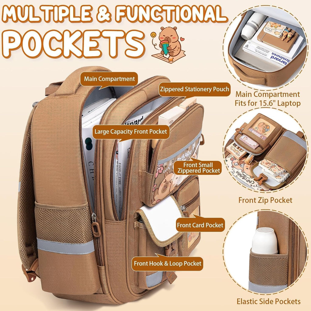 Fimibuke Capybara Backpack For School Girls, 30Pcs Capybara School Supplies | Stationery Set With Bookbag Pencil Case Pins Gel Pens Pencils Notebooks For Back To School Kindergarten Elementary Student