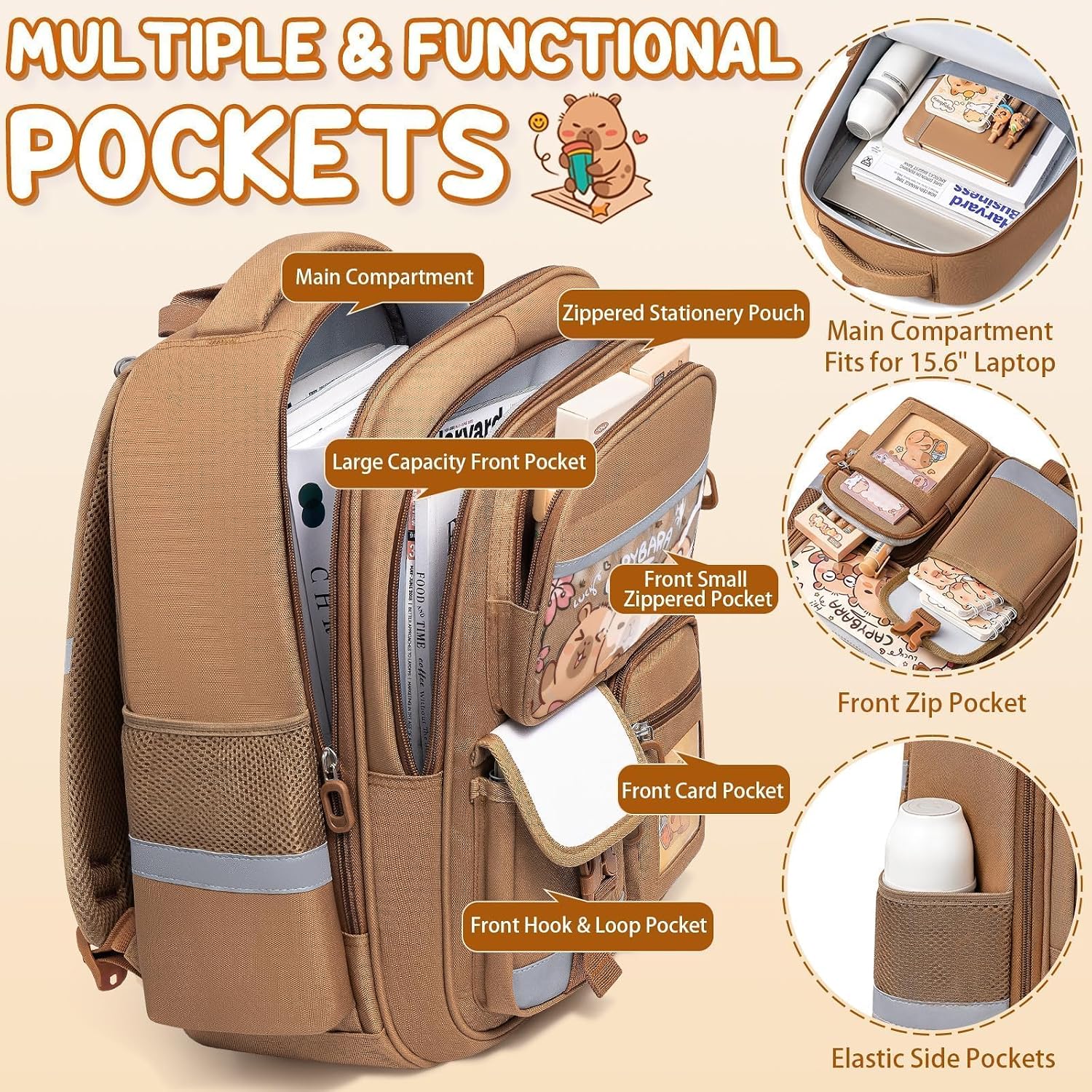 Fimibuke Capybara Backpack For School Girls, 30Pcs Capybara School Supplies | Stationery Set With Bookbag Pencil Case Pins Gel Pens Pencils Notebooks For Back To School Kindergarten Elementary Student